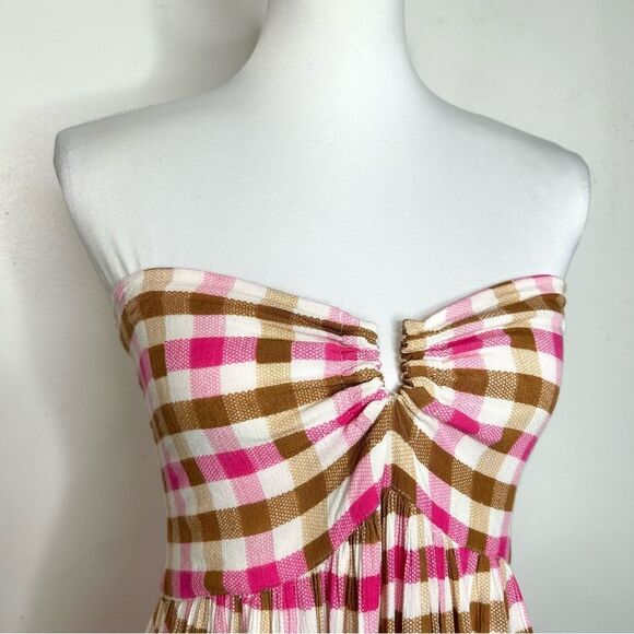 Free People Diana Convertible Dress Skirt M Pink Brown Check Gingham Cottagecore - Picture 9 of 13